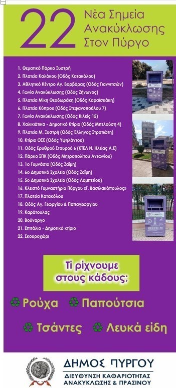 Δήμος Πύργου: Τοποθέτηση κάδων για την ανακύκλωση μαγειρικών ελαίων σε 21 σημεία του Δήμου