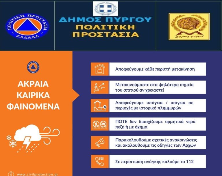 Σε επιφυλακή ο Δήμος Πύργου λόγω της αναμενόμενης επιδείνωσης του καιρού